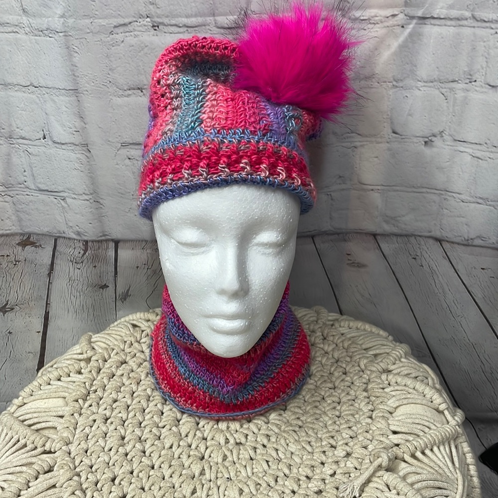 Childrens handmade beanie pom pom multicolor hat with neck warmer